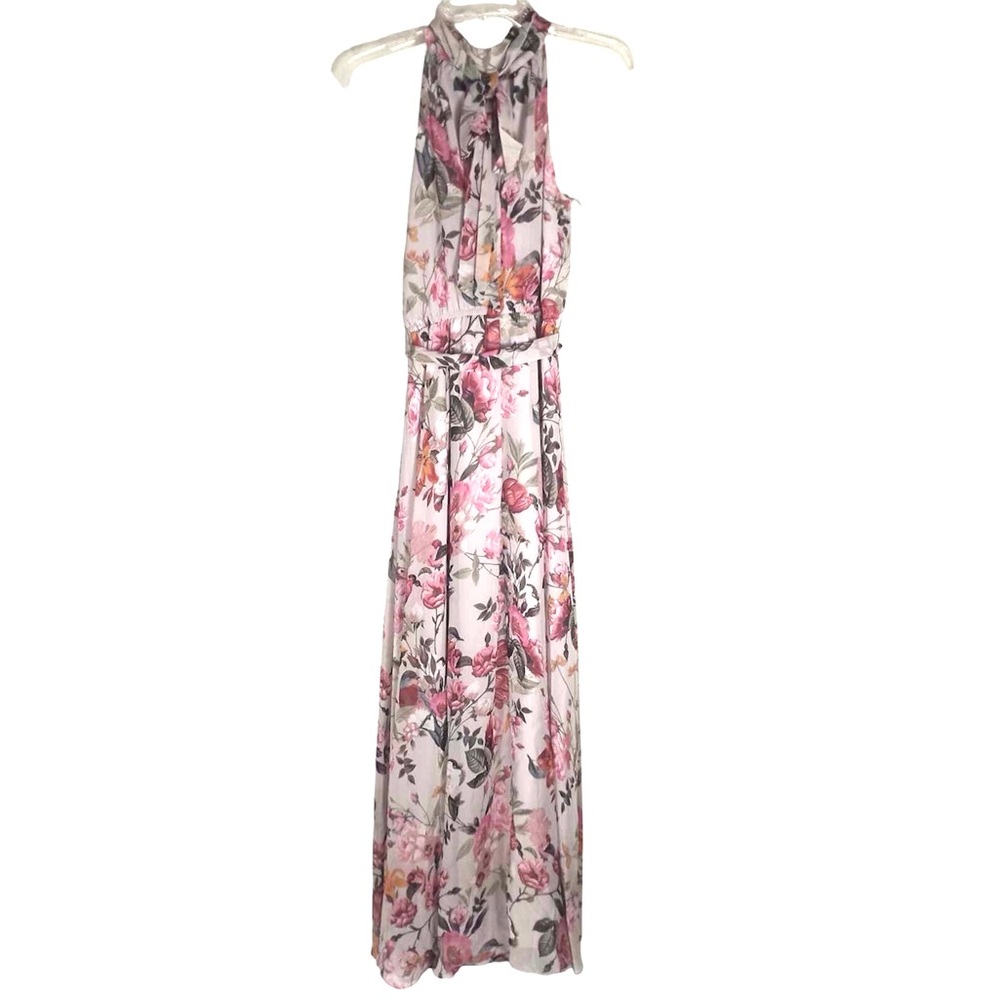 Eliza J Floral Print Maxi Dress Pink Halter Neck Bow Back Sleeveless Size 4 - Picture 4 of 10